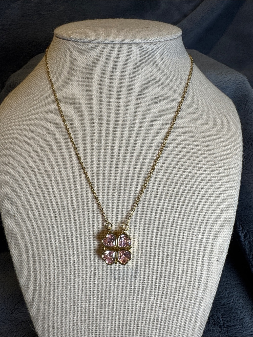Pink Crystal Clover 2-Way Magnetic Pendant Necklace 18K Gold Overlay